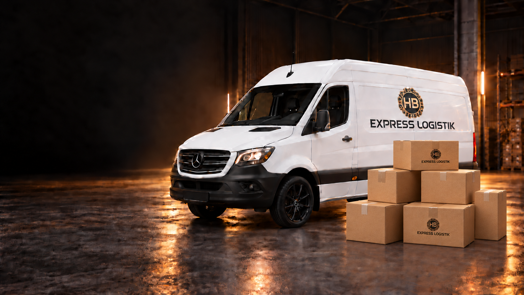 HB Express Logistik beyaz taşıma aracı, siyah jantları ve logolu koliler